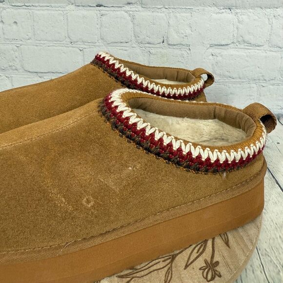 Suede Platform Mule Slippers Women Size 10 Tan Suede Shearling Faux Fur Lined - Picture 7 of 10